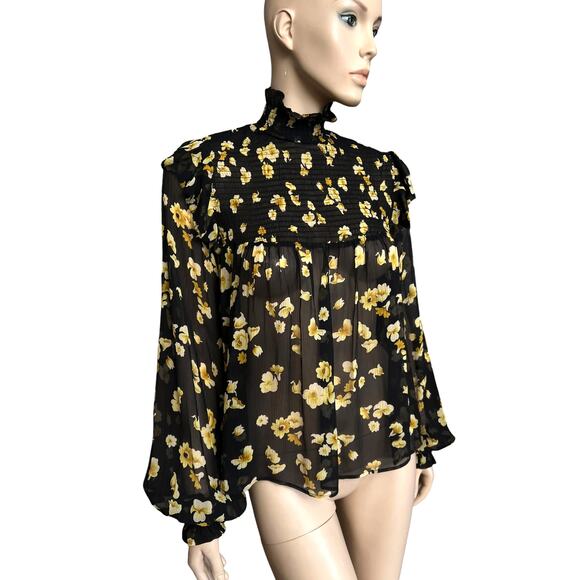 The Kooples Funnel Neck 100% Silk Sheer Smocked Floral Blouse Size Small - Picture 5 of 16